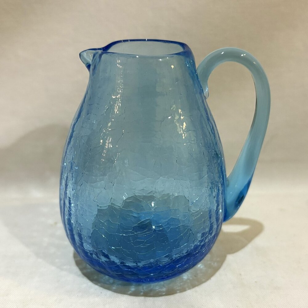 Vintage Hand Blown Pilgrim Glass Crackle Glass Mini Pitcher Creamer Blue